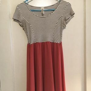 Stripes and solid dress. Hits at about the knee